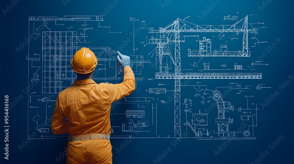 Poster engineer holding infrastructure blueprint in paper cut art style