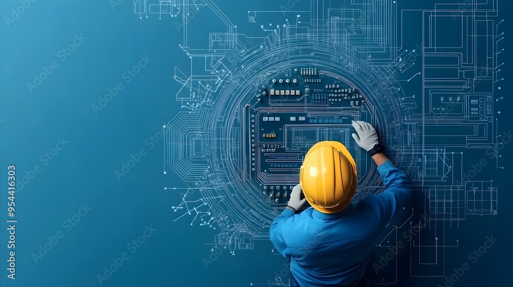 Poster engineer with circuit board in paper cut style representing electrical engineering