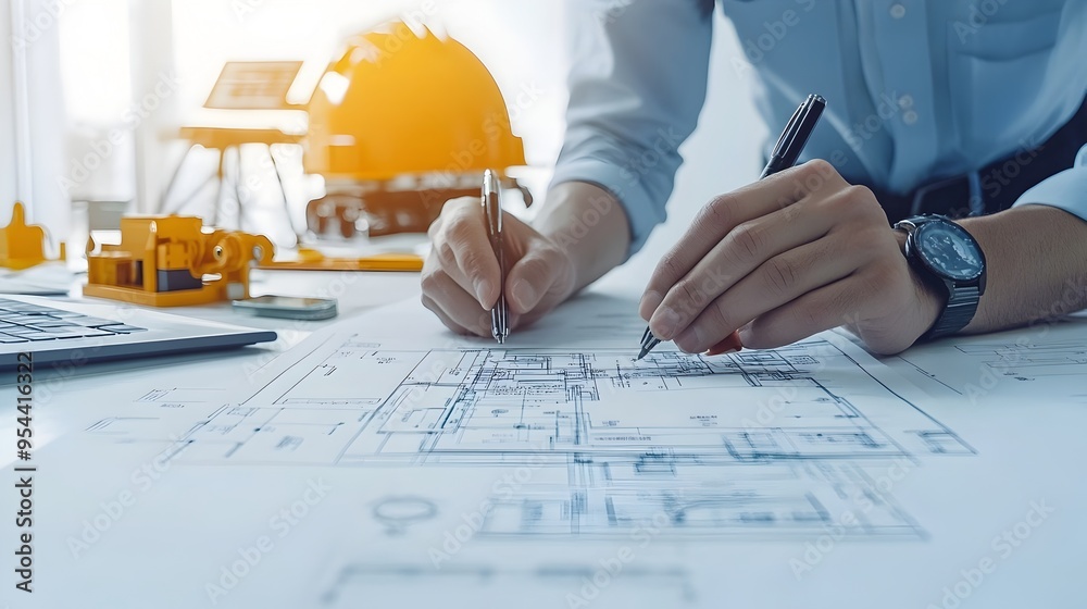 Poster engineer with blueprint symbolizing construction planning in paper cut style