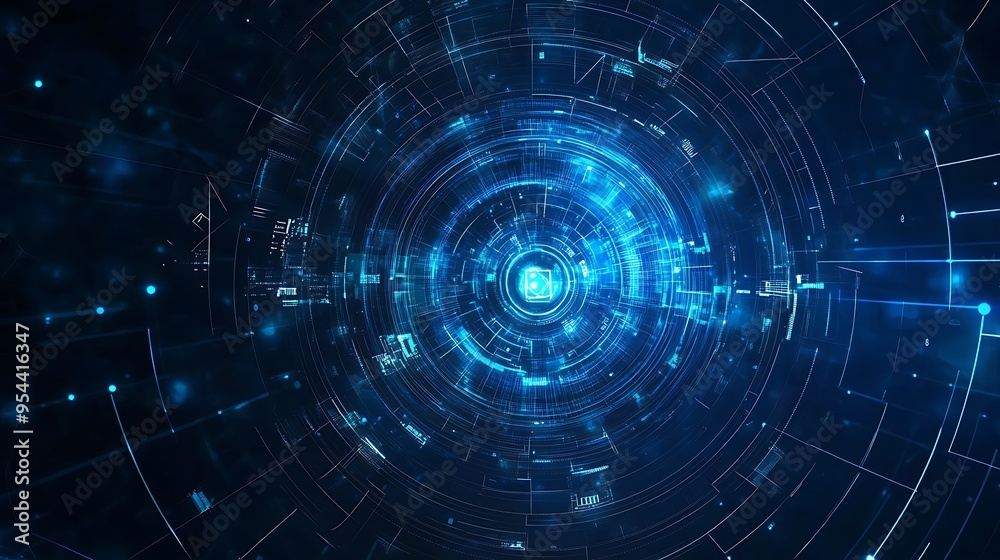 Poster Abstract Digital Interface with Glowing Blue Lines and Circles