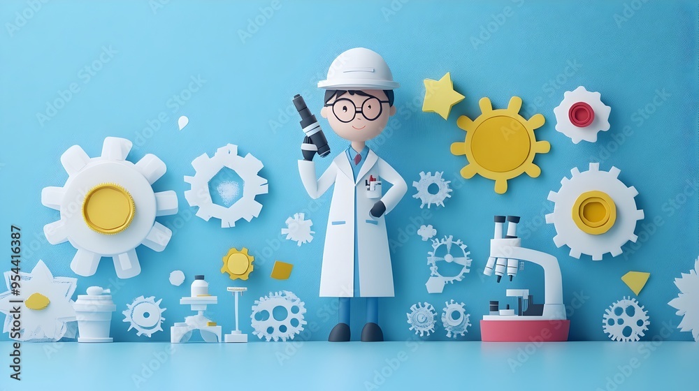 Leinwandbilder engineer with microscope in paper cut style symbolizing research and development