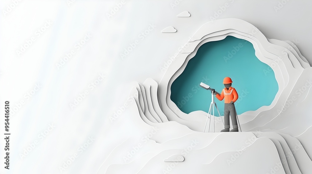 Aufkleber Engineer with Mining Tools Representing Geological Engineering in Paper Cut Style