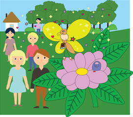 Obraz premium yellow golden butterfly flies over people in the forest