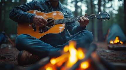 Obraz premium Close-Up of a Man Playing an Acoustic Guitar by a Campfire on a Summer Evening, Capturing the Warmth of a Hiking Trip with Friends in a Forest Setting