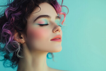 Fototapeta premium woman make a 'color me rainbow' poster, in the style of simplified and stylized portraits, light teal and purple