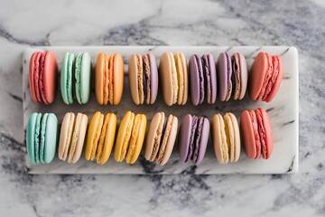 A variety of colorful macarons arranged neatly on a marble platter each with a delicate smooth surface, AI Generated