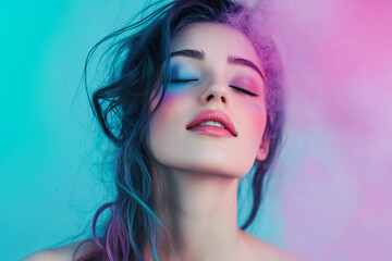 Naklejka premium woman make a 'color me rainbow' poster, in the style of simplified and stylized portraits, light teal and purple