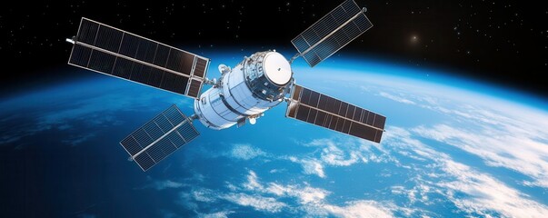 Fototapeta premium A detailed diagram of a satellite in orbit, transmitting signals to Earth, telecommunication, satellite, orbit