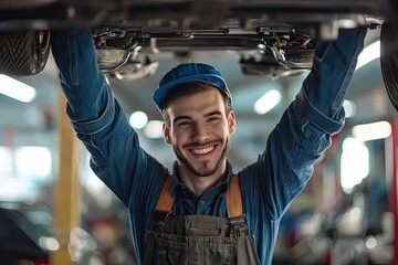 Portrait of a handsome young mechanic working on a car in a garage