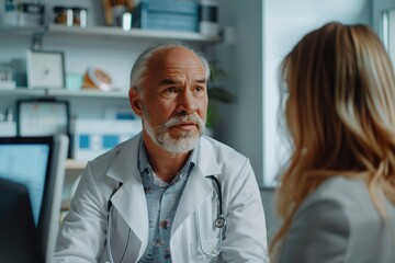 Obraz premium Doctor talking to a patient in a medical office, focusing on patient care and consultation. Medical professional discussing health issues.