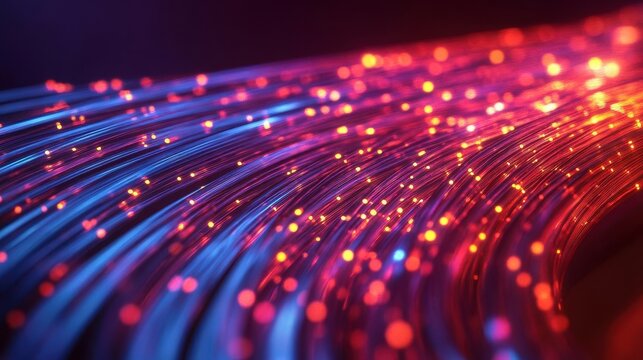 A network of fiber optic cables glowing with data transmission, telecommunication, fiber optic, data