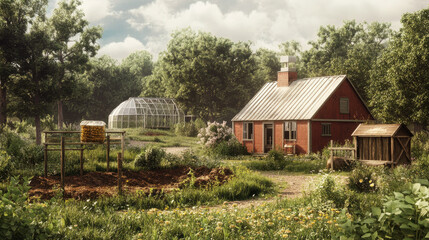 Hyper-realistic image of a rural homestead with a greenhouse, composting system,