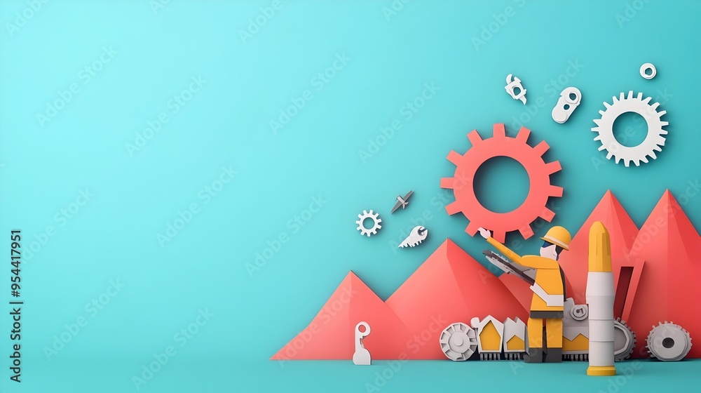 Aufkleber Geological Engineering Represented by Paper Cut Style Engineer with Mining Tools