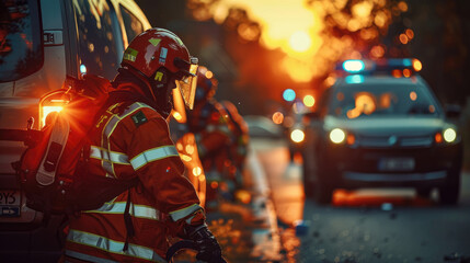Emergency response team in action at sunset, with fireman and police vehicle securing the area, dramatic lighting creates a sense of urgency.