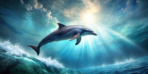 Fototapeta premium Fluid dolphin leaping gracefully through ethereal underwater serenity, dolphin, underwater, fluid, leaping, graceful, serene
