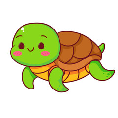 Cute Turtle Cartoon Character. Adorable and Kawaii Undersea Animal Concept Design. Mascot, Icon, Logo Vector Illustration. Isolated White background