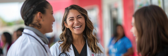 Group of female healthcare professionals laughing and talking outside a medical facility, showcasing teamwork and camaraderie.