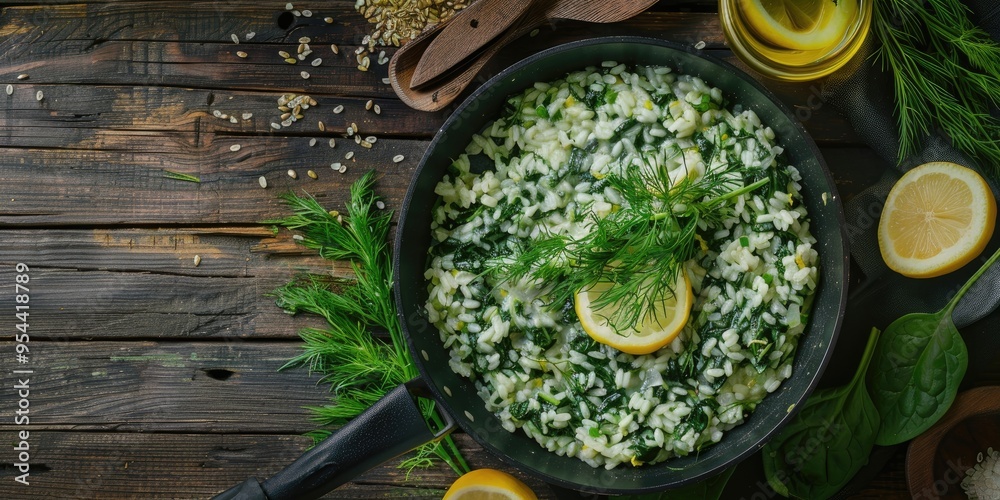 Poster greek spanakorizo spinach and rice pilaf with lemon dill and spring onion in frying pan on dark wood