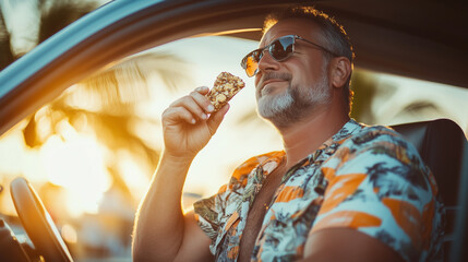 Happy man in sunglasses enjoying a snack bar while driving at sunset