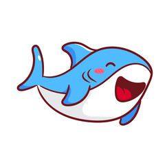 Cute Shark Cartoon Vector. Adorable And Kawaii Underwater Animals Concept Design. Maskot, Icon and Logo. Isolated White Background. 