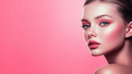 Elegant woman with pink makeup and glossy lips against a soft pink background. Beauty banner with empty copy space