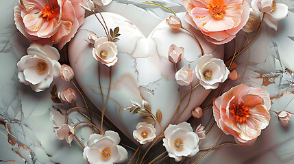 3D wallpaper amazing flower, heart with marble texture background. HD image