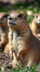Fototapeta premium Prairie dog colony, with burrows and alert prairie dogs, in a grassy field, under bright sunlight