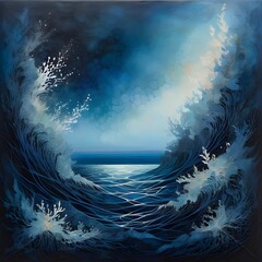 Dynamic waves crash against the shore at twilight in a serene coastal landscape with deep blue hues and white frothy crests