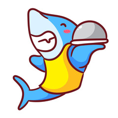 Cute Chef Shark Holding Platter Serving Food Cartoon Vector. Adorable And Kawaii Underwater Animals Concept Design. Maskot, Icon and Logo. Isolated White Background. 