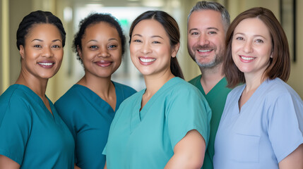A diverse group of healthcare professionals smiling in a hospital hallway, showcasing teamwork, unity, and positivity in a medical environment
