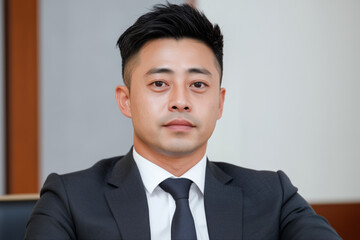 Portrait of a confident Asian businessman in a formal suit and tie, conveying professionalism and leadership in a corporate setting