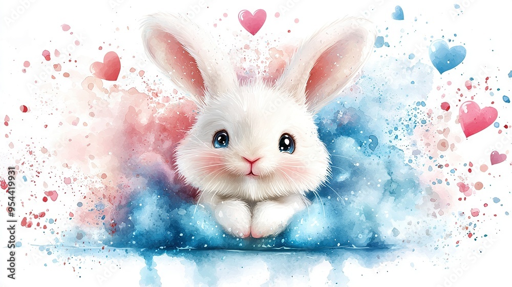 Wall mural   Watercolor rabbit with blue eyes, pink ears on blue-pink background