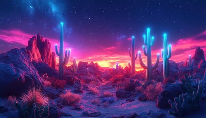 Fototapeta premium Neonlit cacti in a surreal desert landscape, glowing in twilight