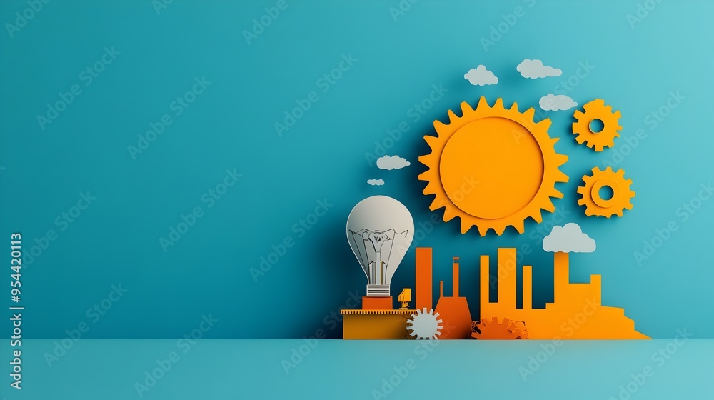 Poster industrial engineer paper cut representation with gears and factory