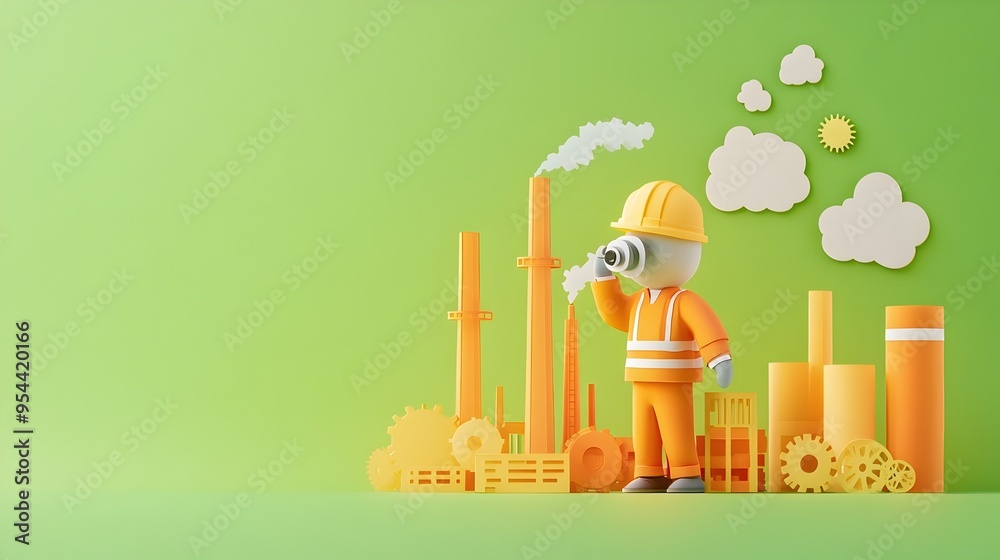 Poster Industrial Engineer with Gears and Factory in Paper Cut Style Representing Engineering Concepts