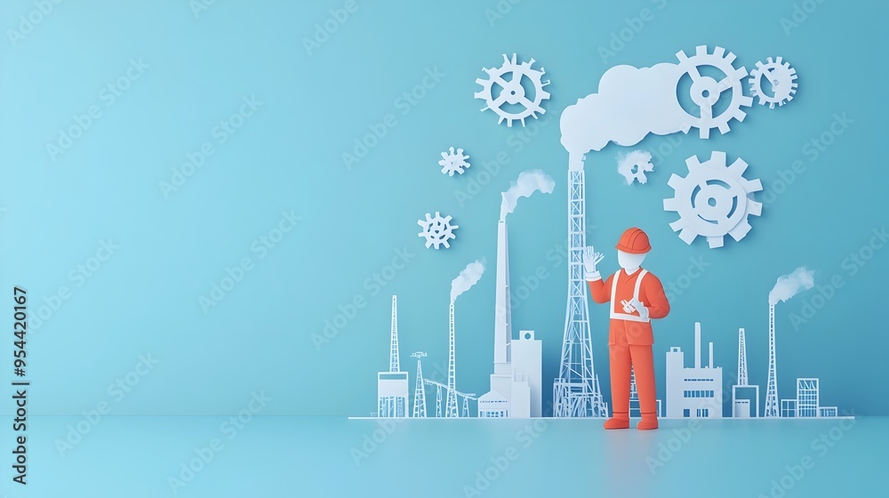 Poster industrial engineer with gears and factory in paper cut style