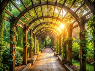 Obraz premium Rustic wooden arches frame a serene forest pathway, surrounded by lush greenery, with warm sunlight filtering through the intricate latticework of natural wooden beams.