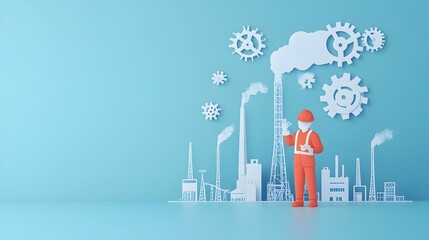 Industrial Engineer with Gears and Factory in Paper Cut Style