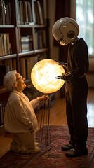 Robotic assistant, humanoid shape, interacting with an elderly person, in a living room, warm ambient lighting