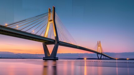 a stunning suspension bridge illuminated at dusk, showcasing its architectural elegance and connectivity.