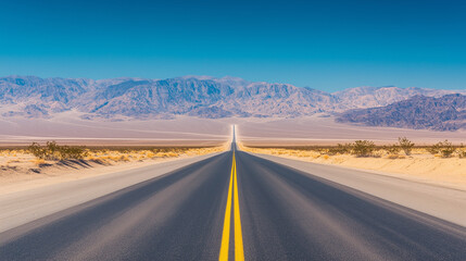 Naklejka premium Death Valley, a long straight road cutting through the flat desert, high sand dunes towering on one side, Ai generated Images