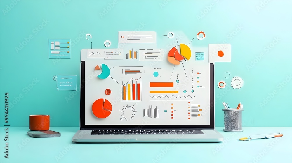Poster laptop with data analysis charts in paper cut style for business and finance
