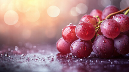 Pink grapes with water droplets on a vine against a soft pink bokeh background. Banner with empty copy space