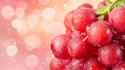 Pink grapes with water droplets on a vine against a soft pink bokeh background. Banner with empty copy space