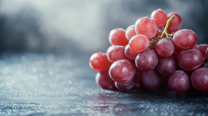 Pink grapes with water droplets on a vine against a soft pink bokeh background