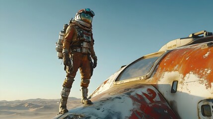 Naklejka premium Lone Hero Surveys Rusted Spacecraft in Barren Desert Landscape
