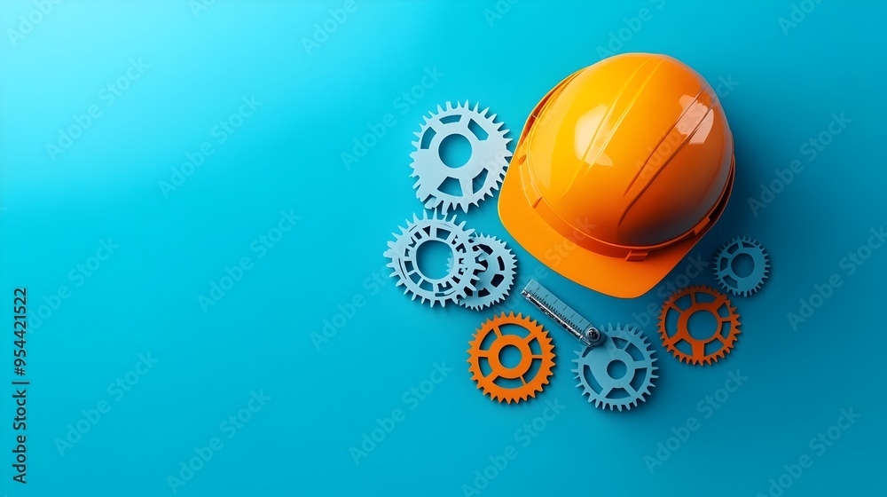 Poster mechanical engineer in hard hat with gears in paper cut art