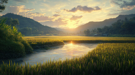 Naklejka premium Hyper-realistic portrayal of a rice field at dusk, with the evening light casting a warm glow