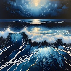 A dynamic ocean wave illuminated by soft moonlight, showcasing deep blues and white frothy crests against a moody sky filled with clouds.