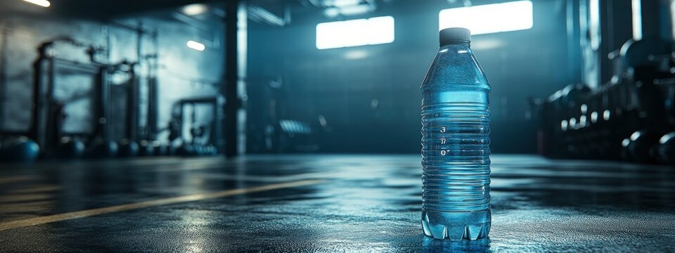 Smart water bottle, with hydration tracking display, on a gym floor, under bright fluorescent lights